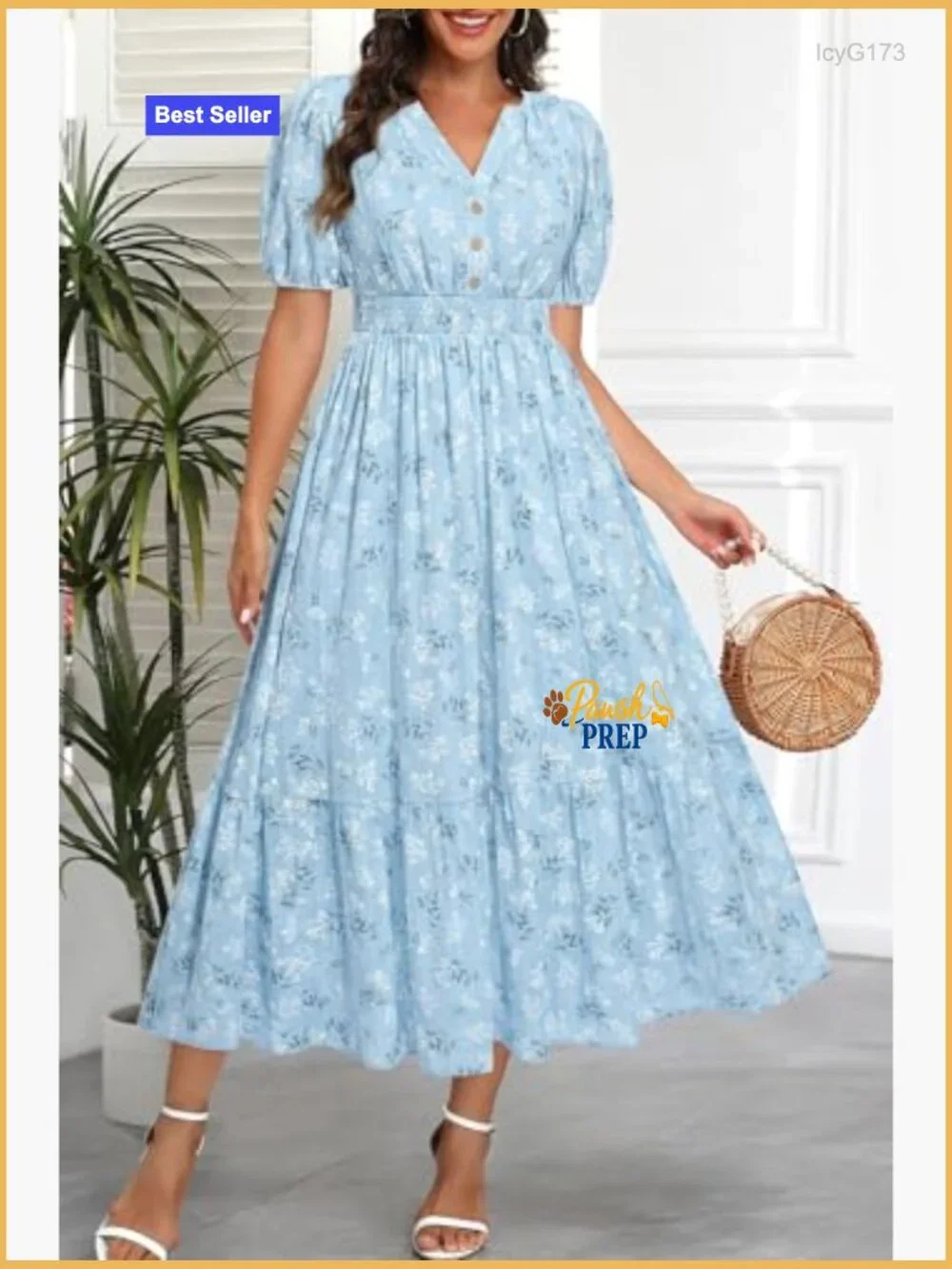 Cotton Midi Maxi Dress with Pockets, Puff Sleeves, V-Neck, Elastic Waist - Picture 6 of 7